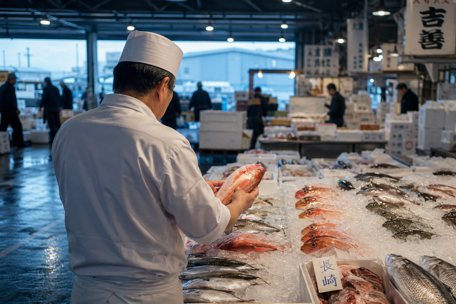 大阪中央卸売市場で魚を仕入れる店主の様子